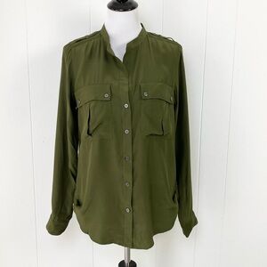 Elizabeth And James Army Green 100% Silk Button Down Blouse Size M Collarless
